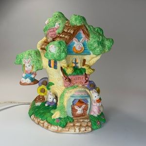 Vintage Light Up Treehouse Easter Village Easter School Display Bunnies Flowers
